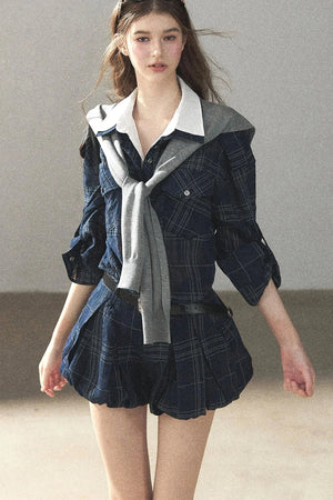 Plaid Layered-Look Shirt And Shorts Set-Up