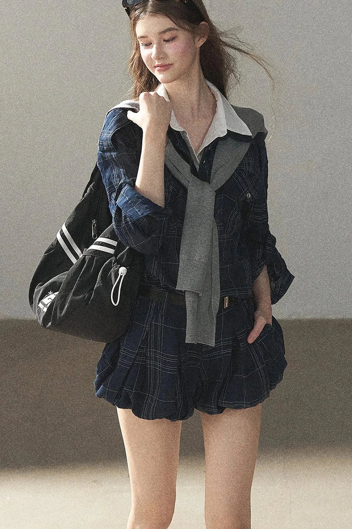 Plaid Layered-Look Shirt And Shorts Set-Up