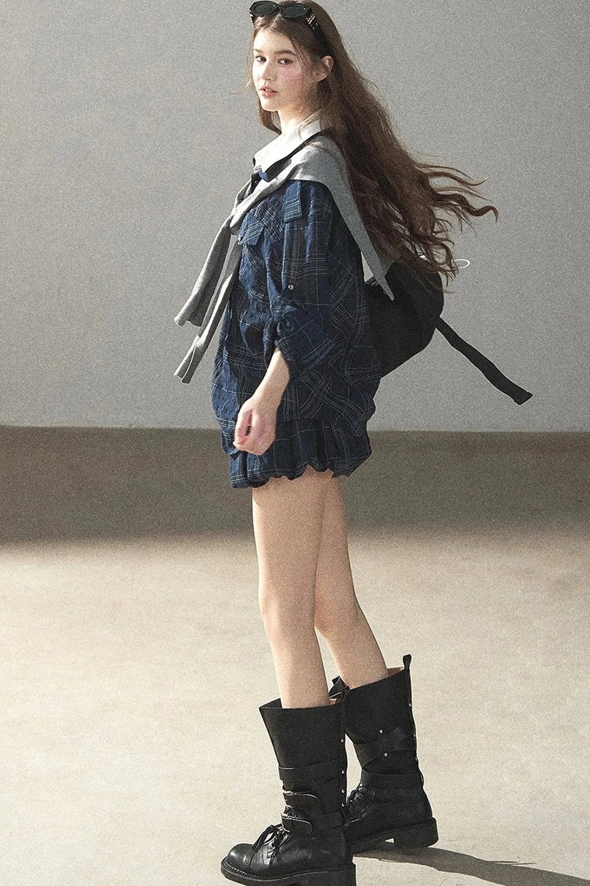 Plaid Layered-Look Shirt And Shorts Set-Up
