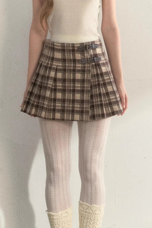 Plaid Leather Buckle Skirt