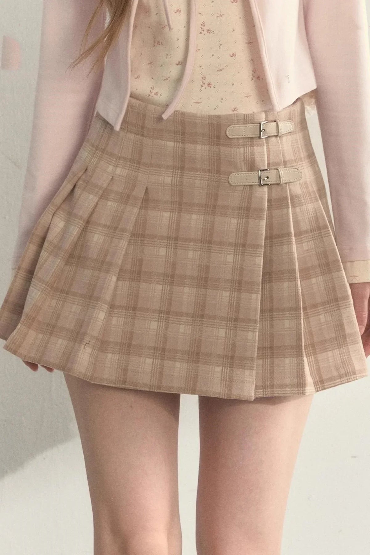 Plaid Leather Buckle Skirt