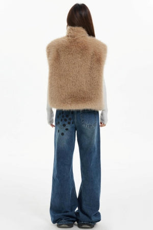 Plaid Lined Fur Vest Reversible Jacket