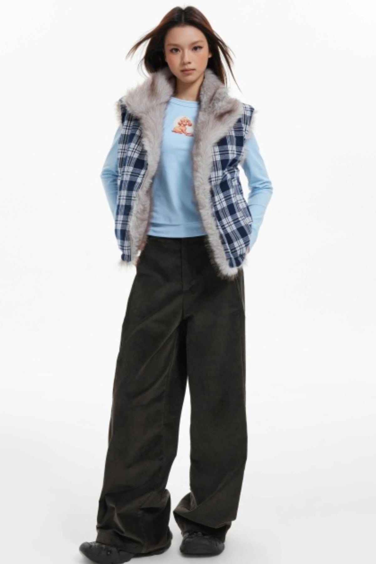 Plaid Lined Fur Vest Reversible Jacket