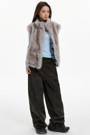 Plaid Lined Fur Vest Reversible Jacket