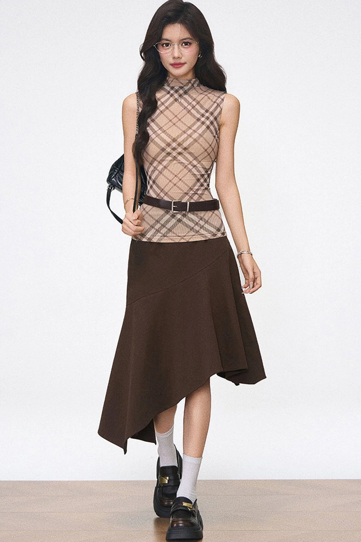 Plaid Mesh Vest and Midi Skirt Set-Up
