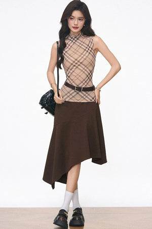Plaid Mesh Vest and Midi Skirt Set-Up