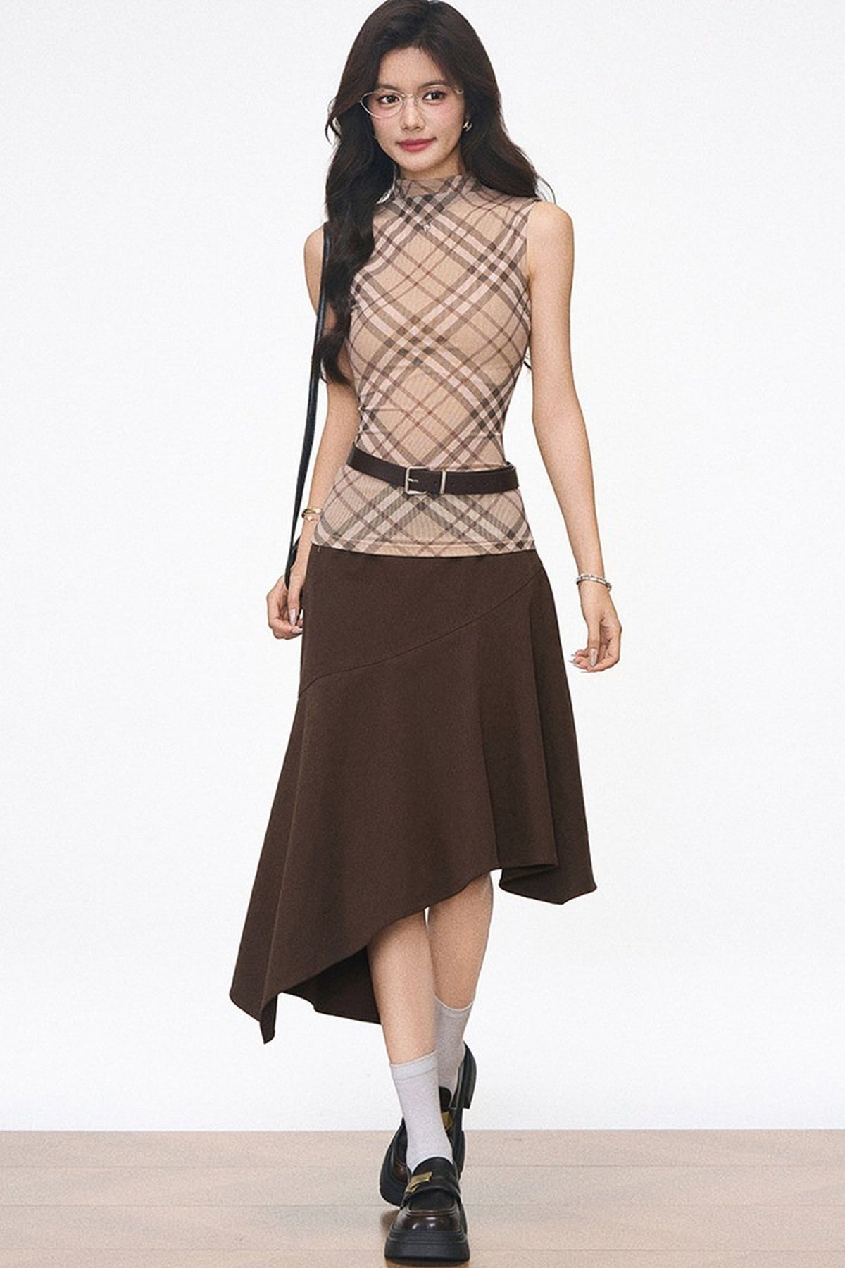 Plaid Mesh Vest and Midi Skirt Set-Up