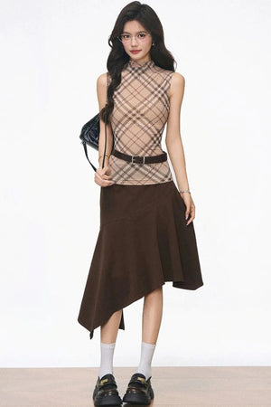 Plaid Mesh Vest and Midi Skirt Set-Up