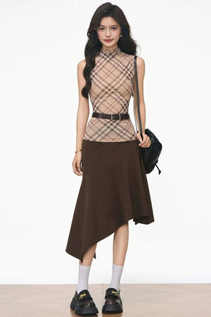 Plaid Mesh Vest and Midi Skirt Set-Up