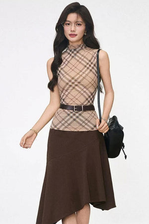 Plaid Mesh Vest and Midi Skirt Set-Up