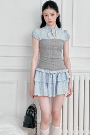 Plaid Patchwork Blouse and Skirt Set-Up
