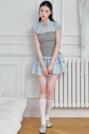 Plaid Patchwork Blouse and Skirt Set-Up