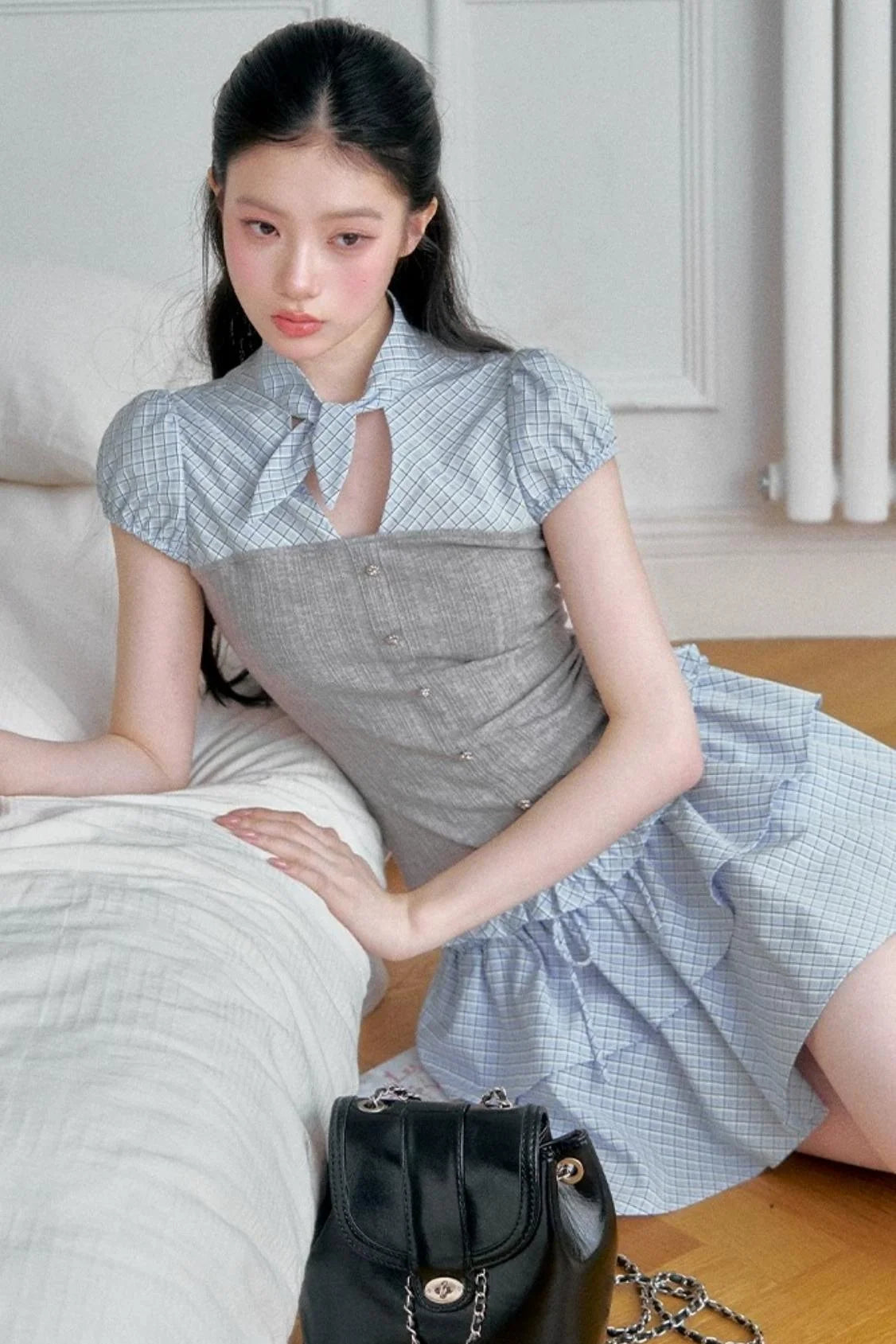 Plaid Patchwork Blouse and Skirt Set-Up
