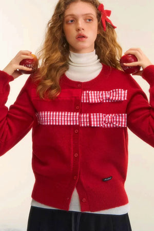 Plaid Patchwork Bow Cardigan