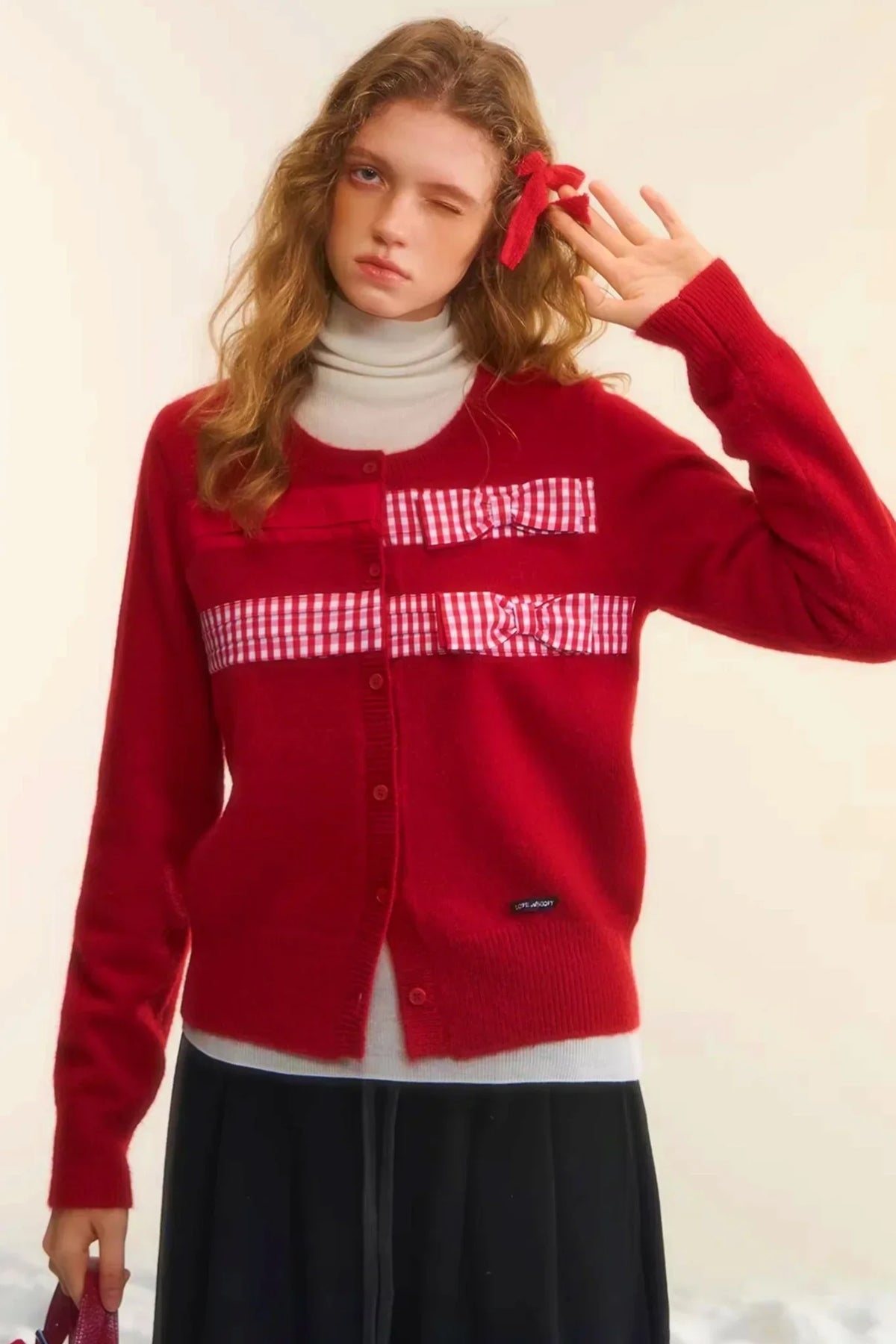 Plaid Patchwork Bow Cardigan