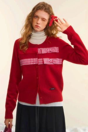 Plaid Patchwork Bow Cardigan