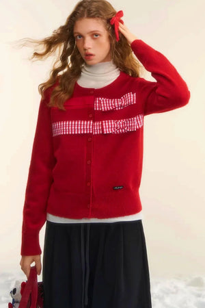 Plaid Patchwork Bow Cardigan