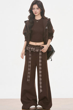 Plaid Patchwork Hooded Sweatshirt and Sweatpants Set-Up