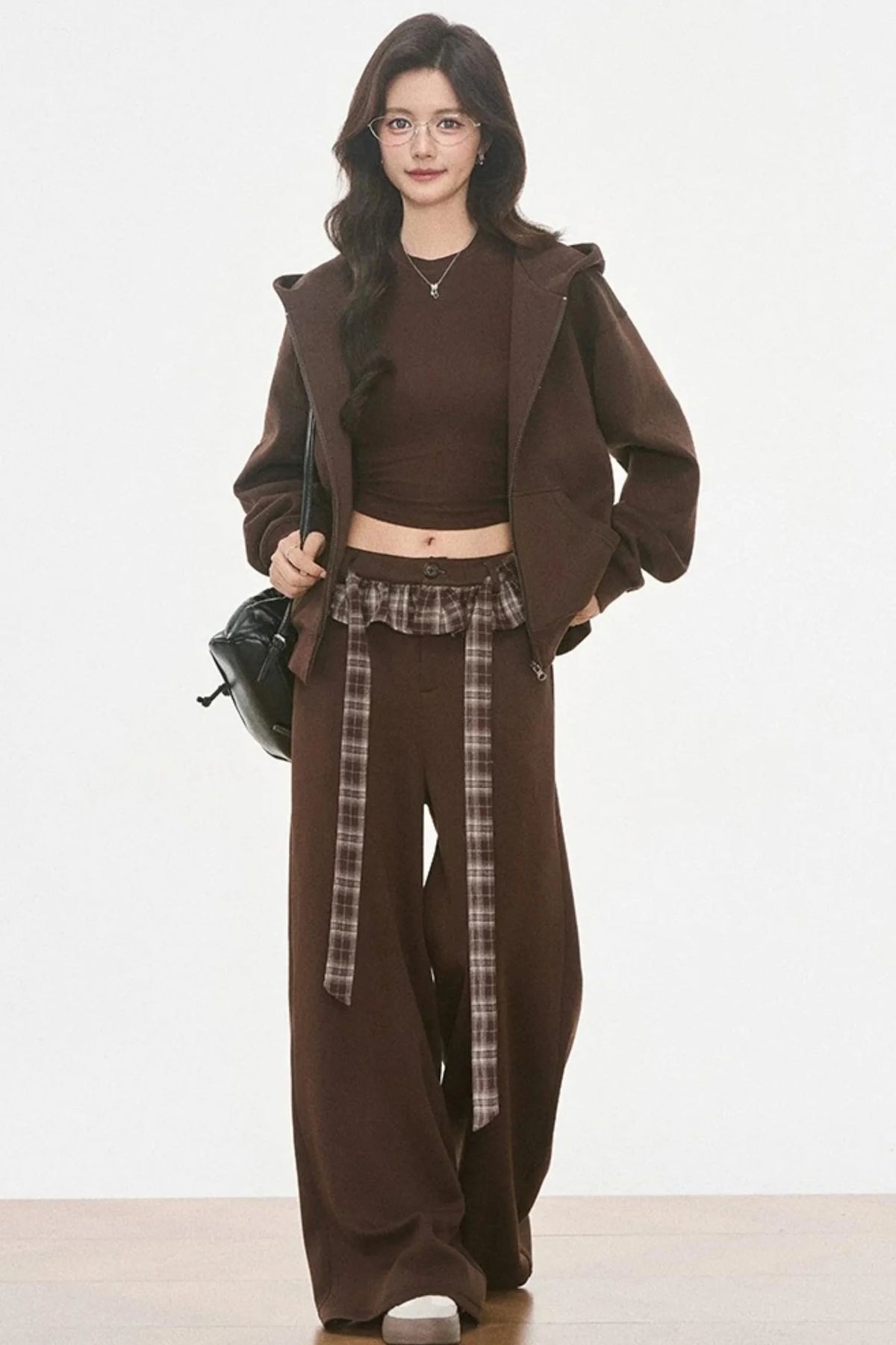 Plaid Patchwork Hooded Sweatshirt and Sweatpants Set-Up