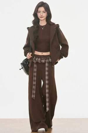 Plaid Patchwork Hooded Sweatshirt and Sweatpants Set-Up