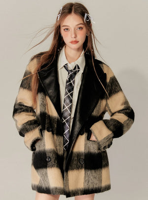 Plaid Patchwork Leather Varsity Coat