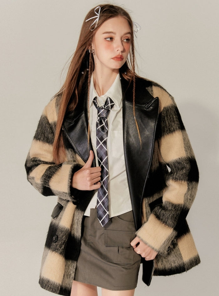 Plaid Patchwork Leather Varsity Coat