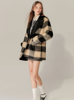 Plaid Patchwork Leather Varsity Coat
