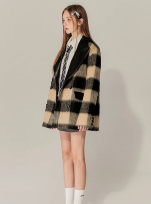 Plaid Patchwork Leather Varsity Coat