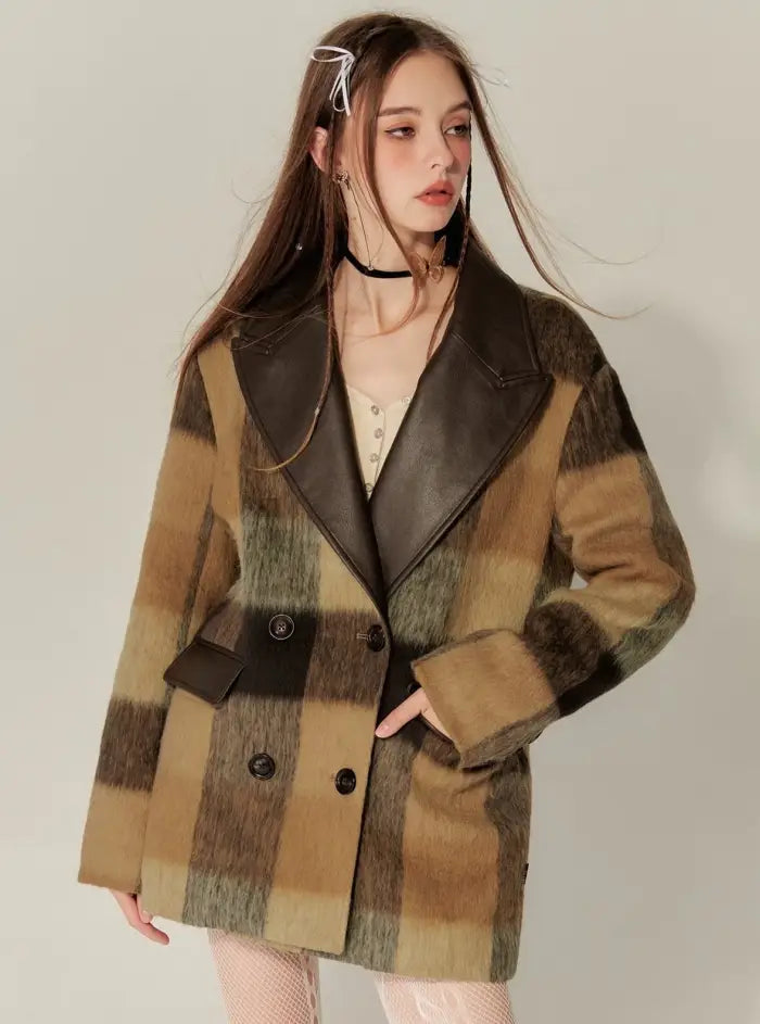 Plaid Patchwork Leather Varsity Coat