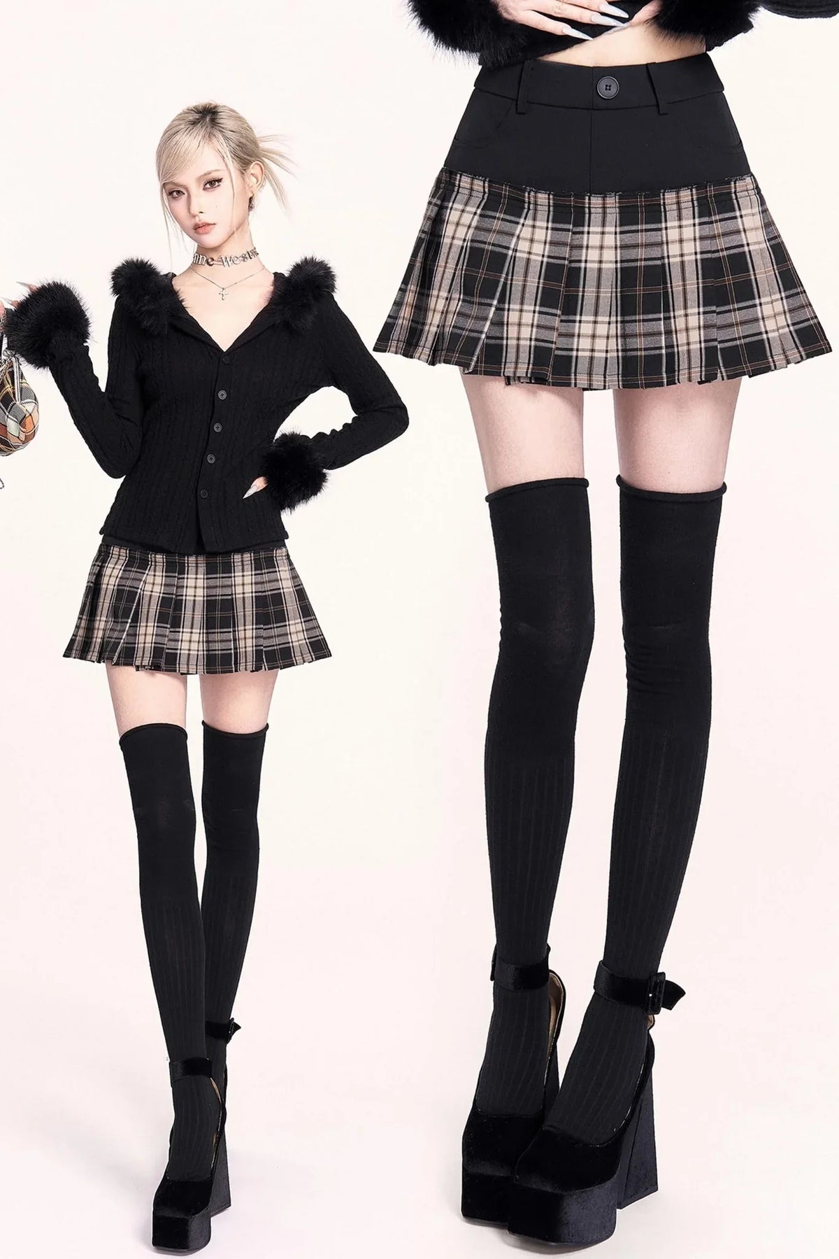Plaid Patchwork Pleated Skirt