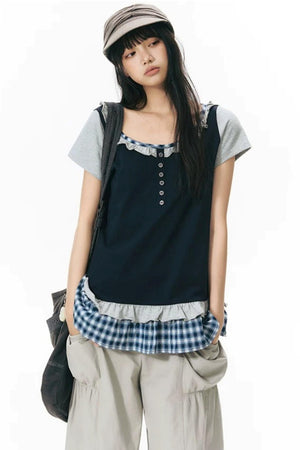 Plaid Patchwork Short-Sleeved Knit Top