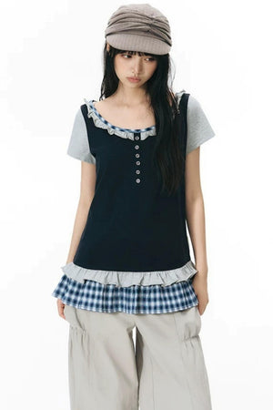 Plaid Patchwork Short-Sleeved Knit Top