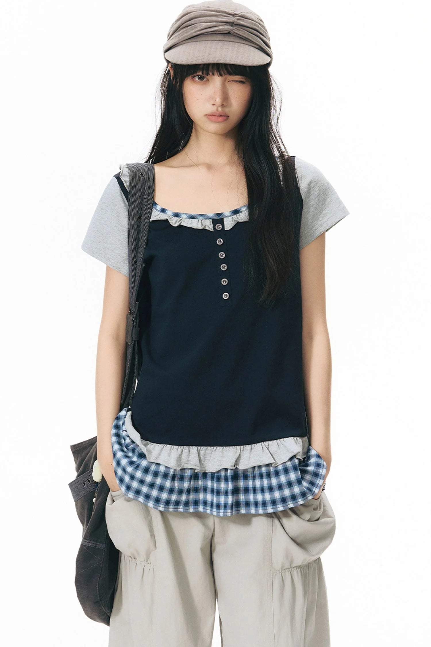 Plaid Patchwork Short-Sleeved Knit Top