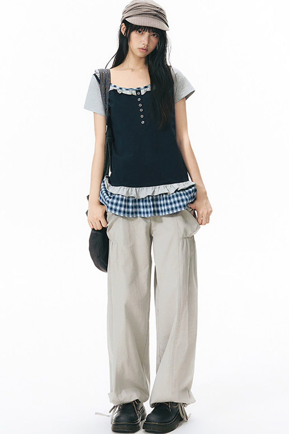 Plaid Patchwork Short-Sleeved Knit Top