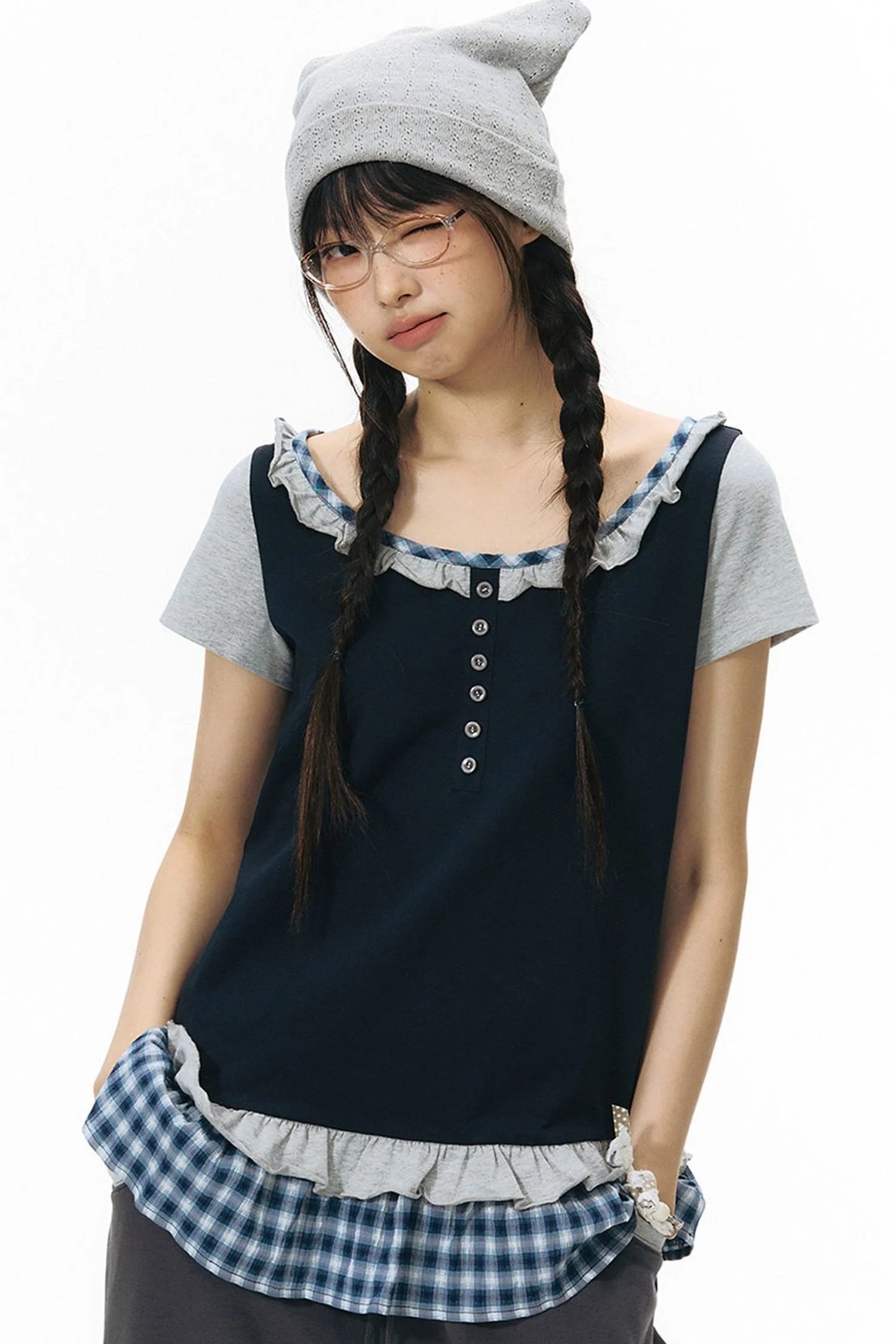 Plaid Patchwork Short-Sleeved Knit Top