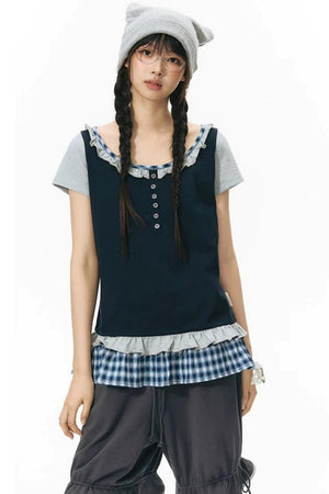 Plaid Patchwork Short-Sleeved Knit Top