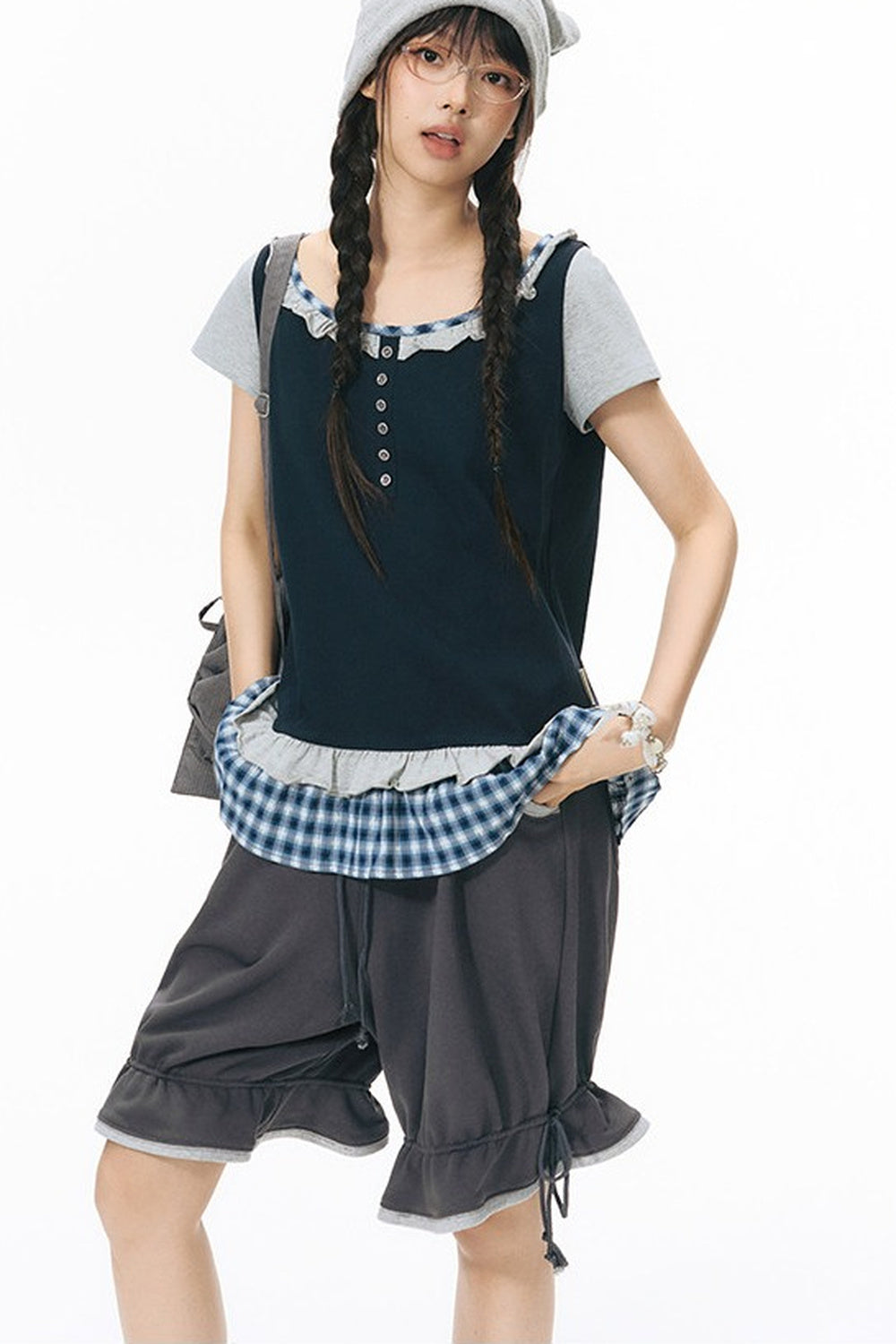 Plaid Patchwork Short-Sleeved Knit Top