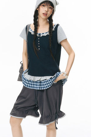 Plaid Patchwork Short-Sleeved Knit Top