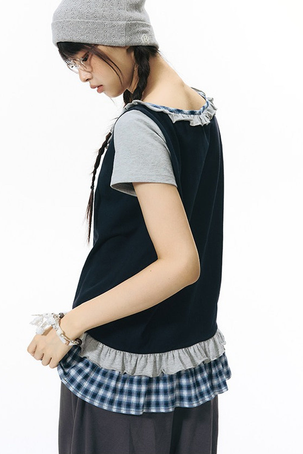 Plaid Patchwork Short-Sleeved Knit Top