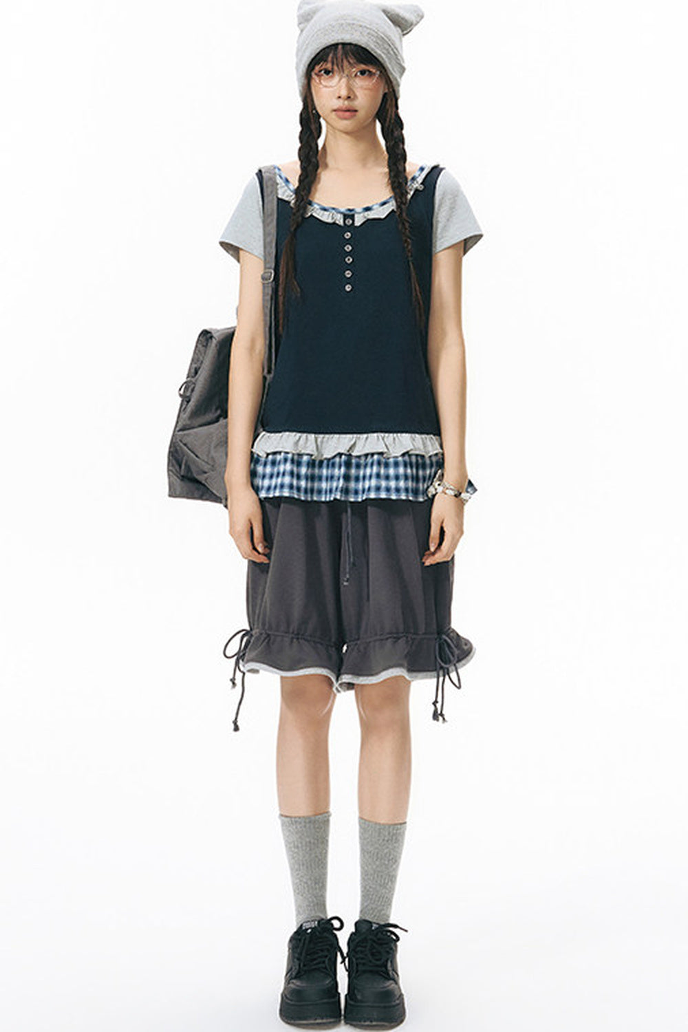 Plaid Patchwork Short-Sleeved Knit Top