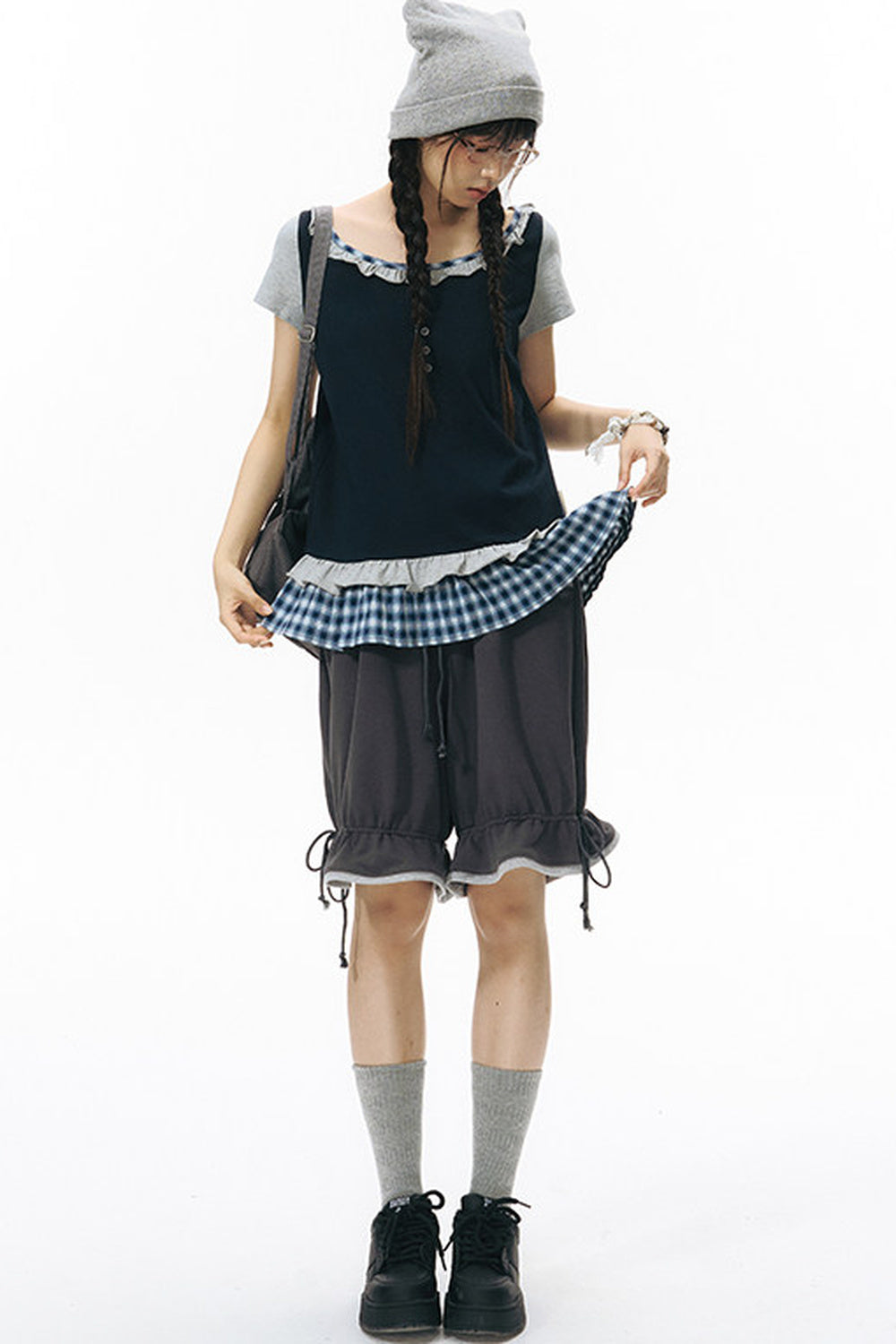 Plaid Patchwork Short-Sleeved Knit Top