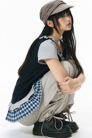 Plaid Patchwork Short-Sleeved Knit Top