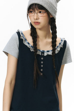 Plaid Patchwork Short-Sleeved Knit Top