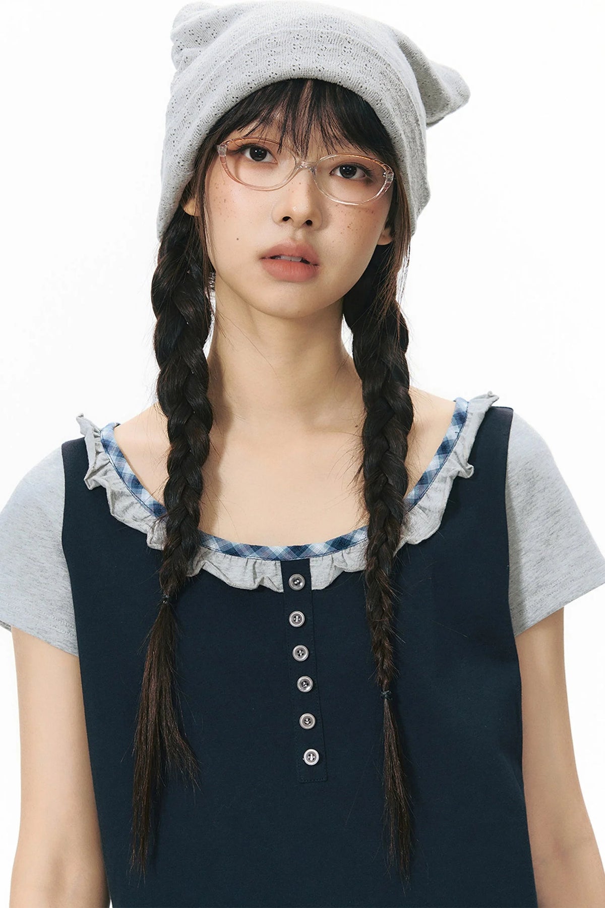 Plaid Patchwork Short-Sleeved Knit Top