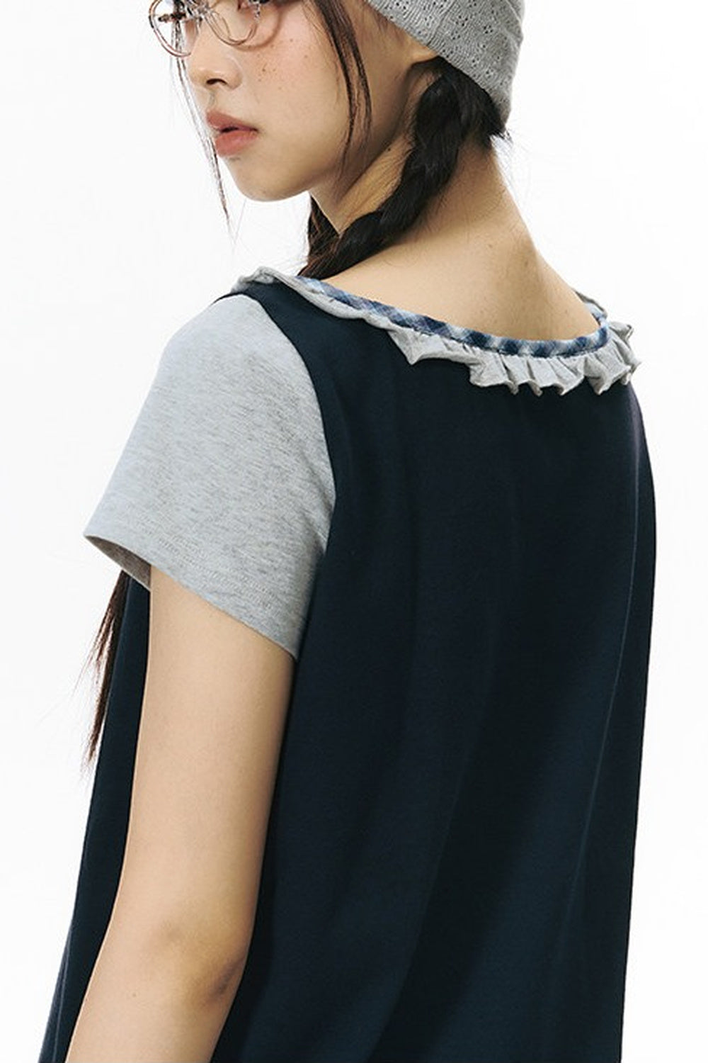 Plaid Patchwork Short-Sleeved Knit Top