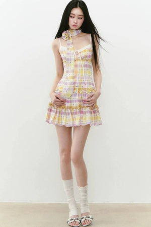 Plaid Patchwork Suspender Dress Set-Up