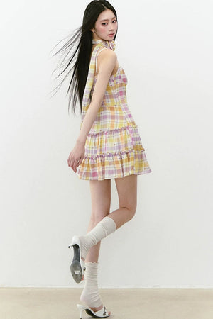 Plaid Patchwork Suspender Dress Set-Up