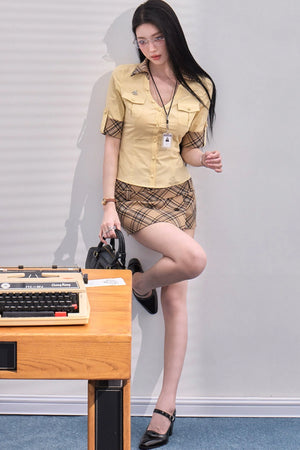 Plaid Patchwork Waist-Tailored Top Set-Up