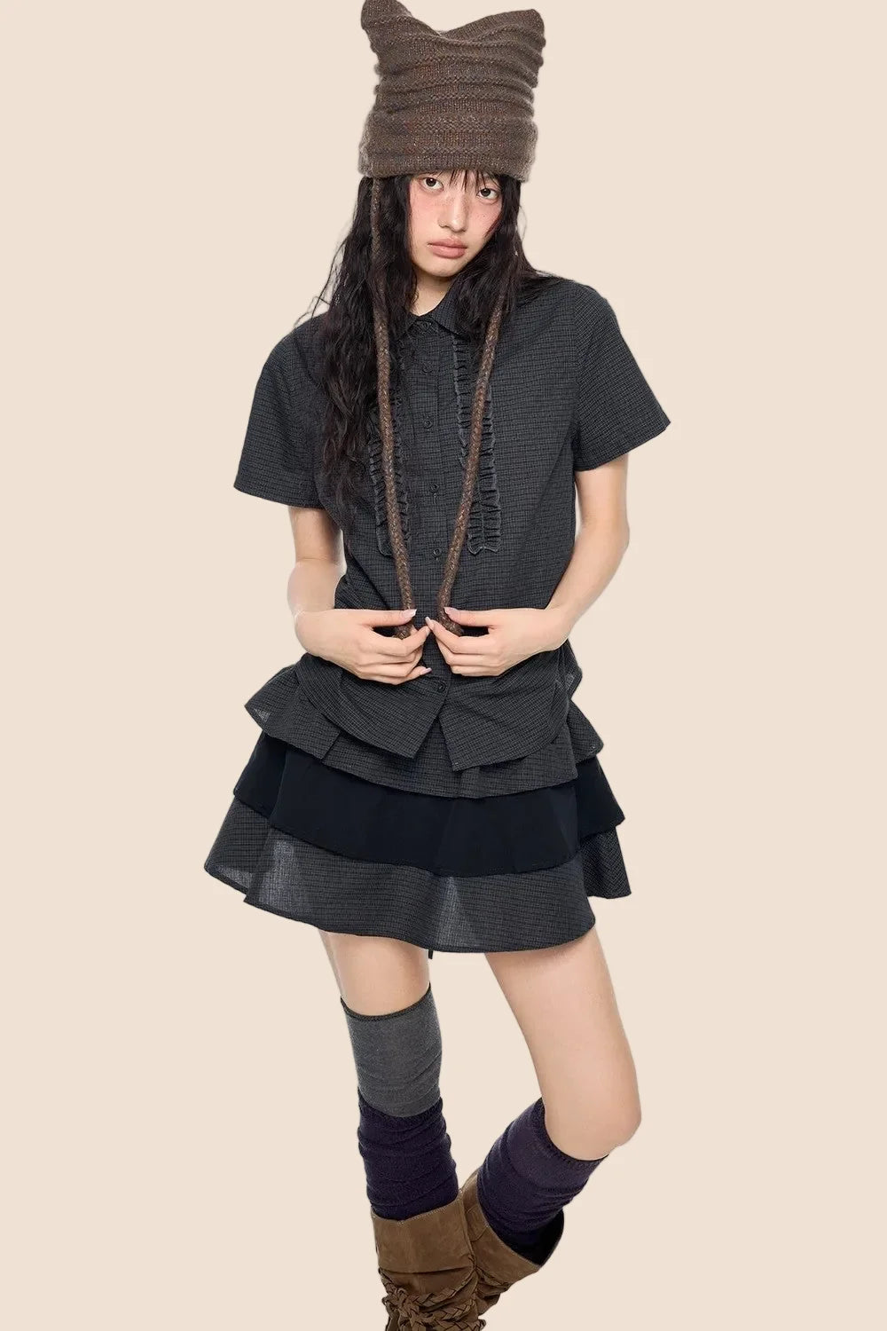Plaid Pleated Blouse and Cake Skirt Set-Up