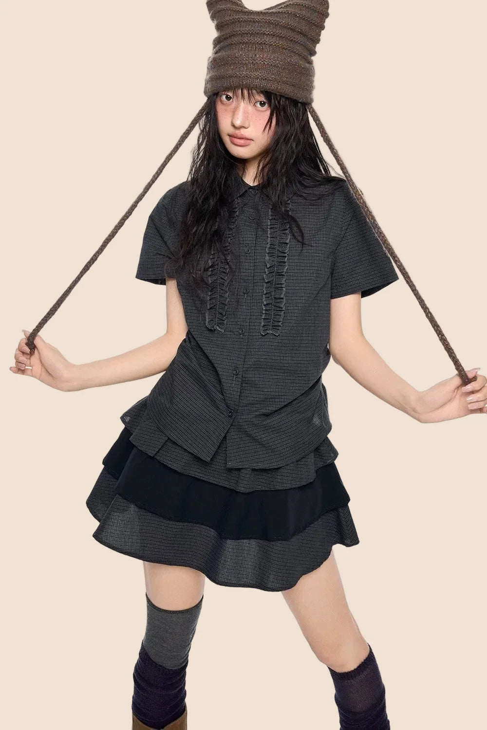Plaid Pleated Blouse and Cake Skirt Set-Up